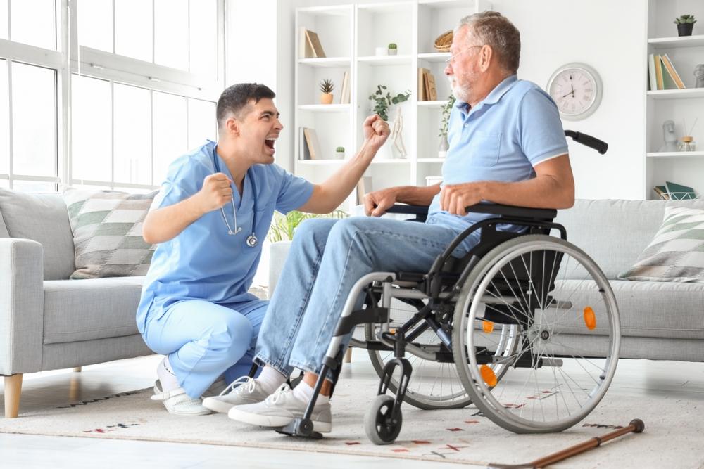 Senior man in wheelchair scared of angry nurse at home