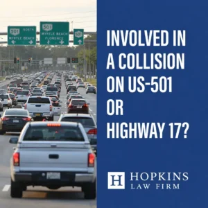 A graphic for legal services regarding a car accident on Highway 17 or US-501 in Myrtle Beach, showing heavy traffic on a highway under green road signs.