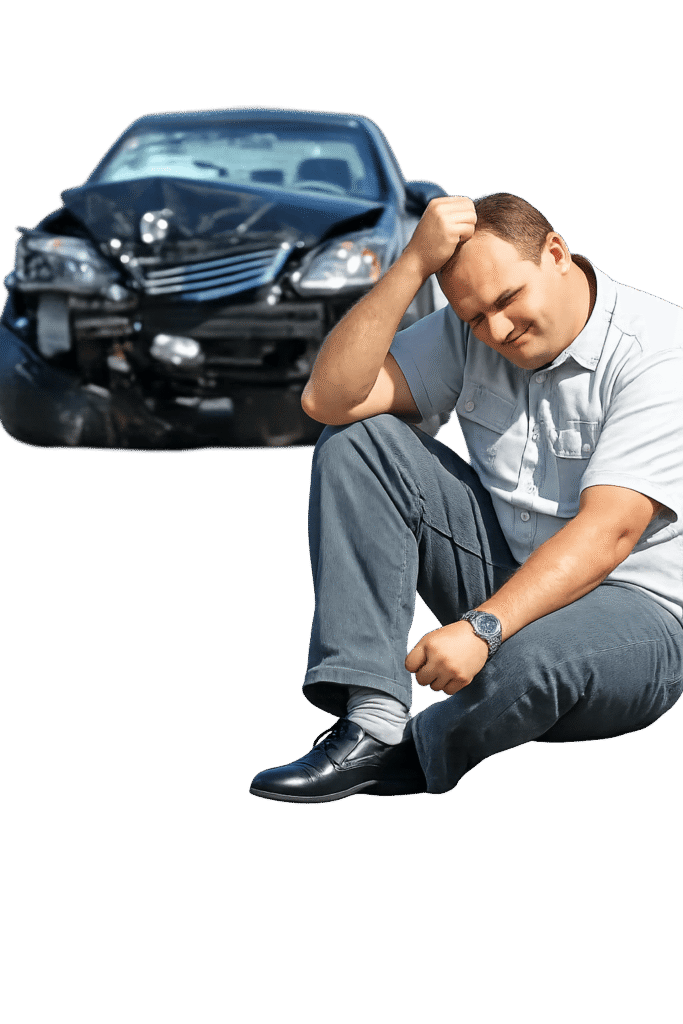 A man sitting on the ground in front of a damaged vehicle, a situation where a car accident lawyer in Goose Creek could provide legal assistance.